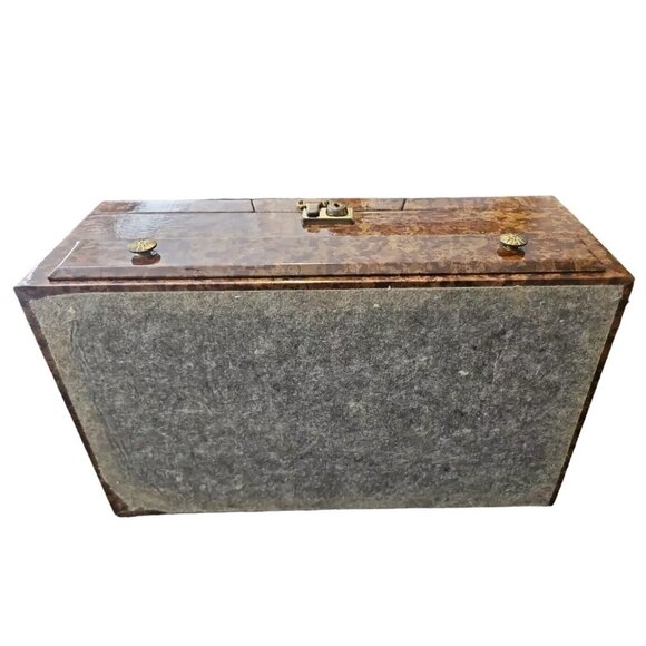 Vtg Jewelry Box Tri Fold Velvet Lined Gold Brown Marble Vinyl Mid Century - Picture 2 of 16